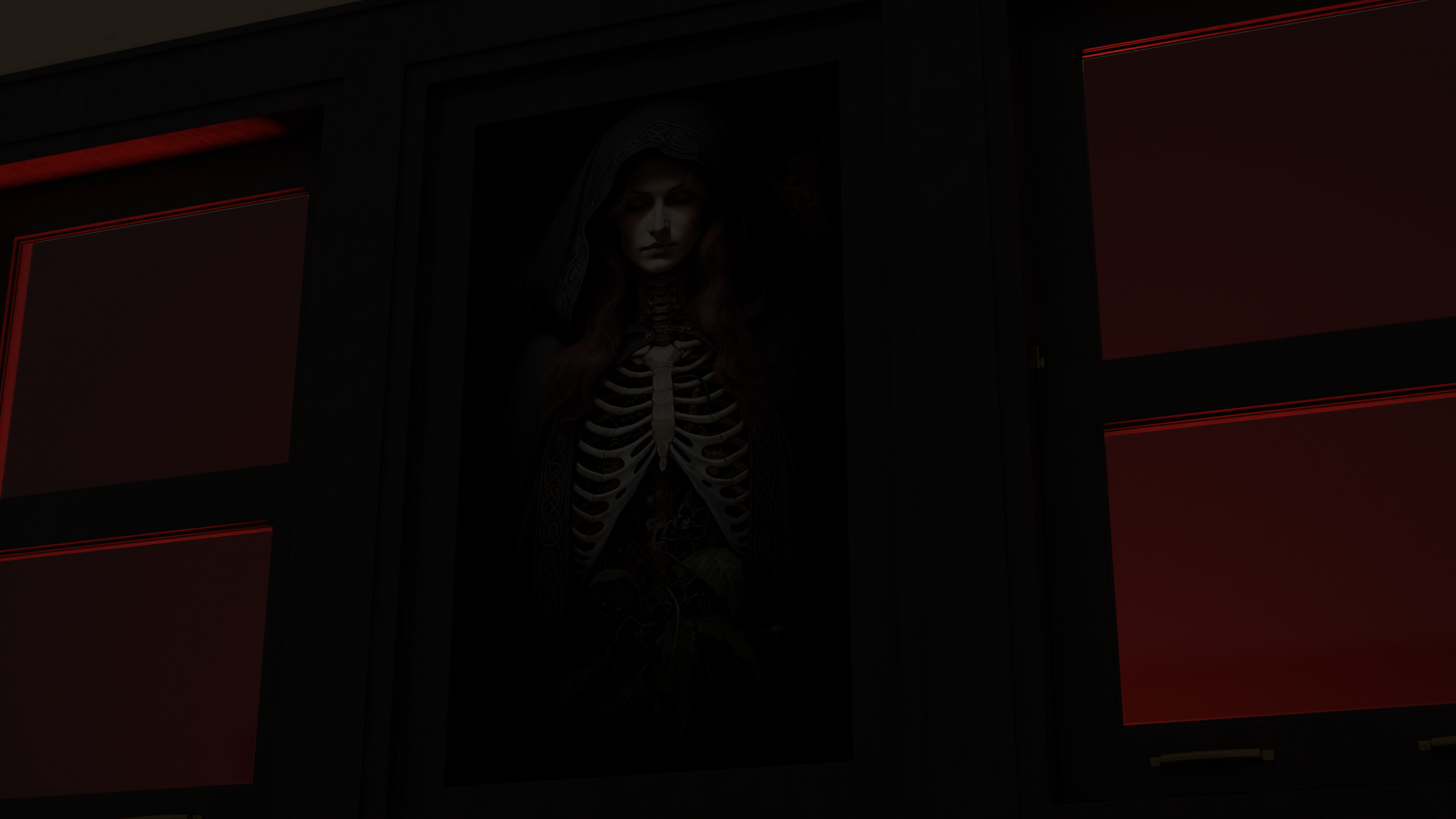 Mysterious painting hanging in a dimly lit hallway.