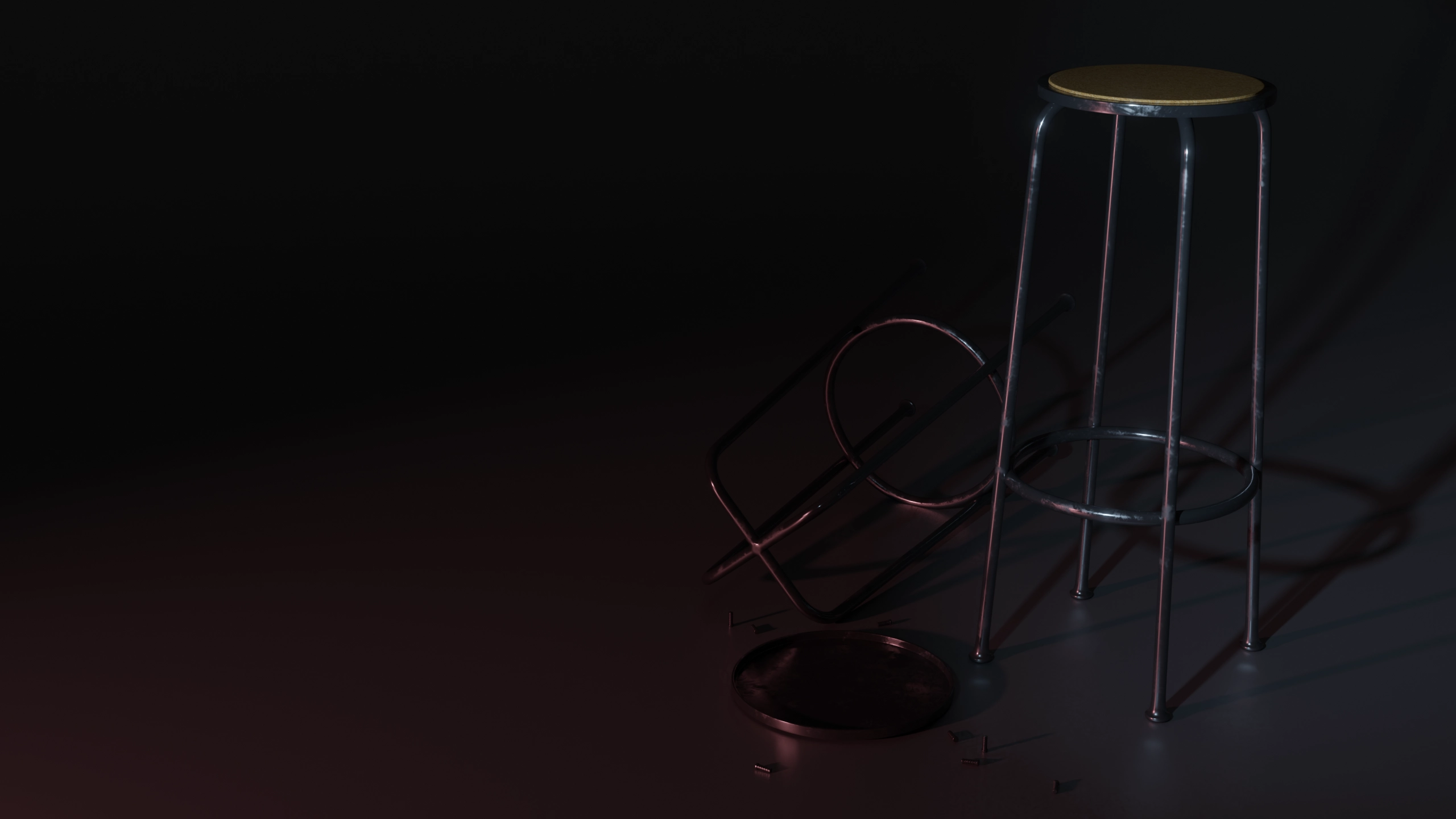 Metal stool and discarded parts under dramatic lighting
